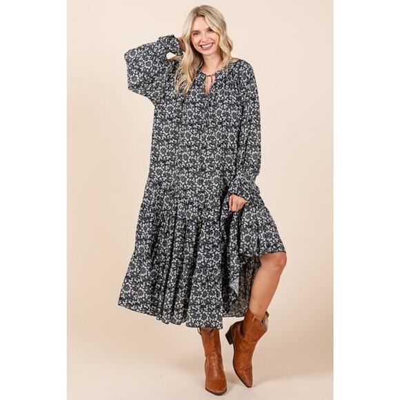 Mittoshop Printed Tie Neck Detail Flounce Sleeves Ruffled Midi Dress | Dark Navy - Picture 7 of 7